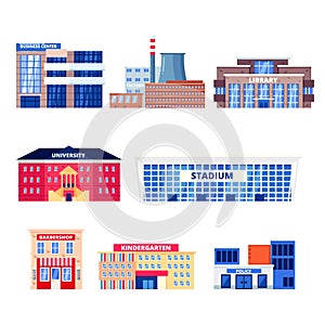 City non-residential buildings, vector icons set. Municipal real estate objects isolated on white background.