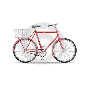 City old bike with a basket on the trunk isolated on white background, red bicycle realistic 3d model vector illustration,