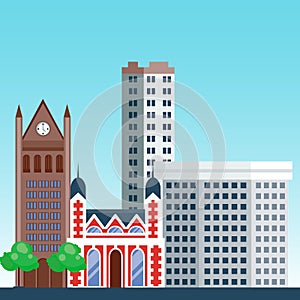 City outdoor day landscape house and street buildings outdoor cityspace disign vector illustration modern flat