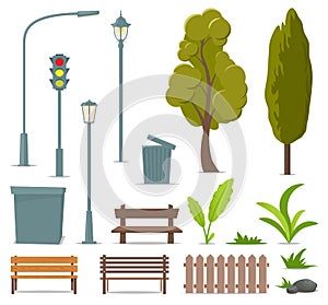 City and outdoor elements. Set of urban objects. Street lamp, traffic light, tree, bench, trash can, urn, bushes, grass, plants,