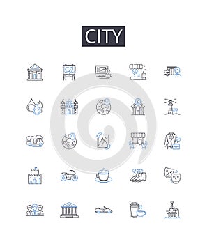 City line icons collection. Town, Metropolis, Capital, Municipality, Township, Settlement, Conurbation vector and linear photo