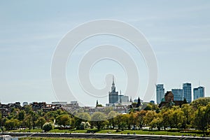 City over the river. Warsaw over the Vistula. The old town is the Polish and Viennese Boulevards. Old and owen parts of the city.