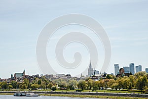 City over the river. Warsaw over the Vistula. The old town is the Polish and Viennese Boulevards. Old and owen parts of the city.