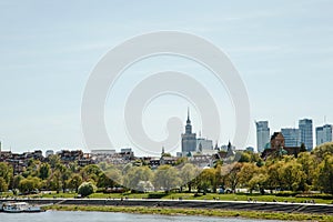 City over the river. Warsaw over the Vistula. The old town is the Polish and Viennese Boulevards. Old and owen parts of the city.