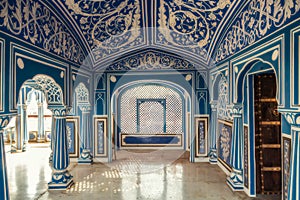 City Palace Jaipur interior medieval architecture with beautiful wall artwork at Rajasthan, India