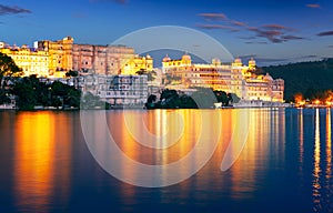 City Palace and Pichola lake at night, Udaipur, Rajasthan, India