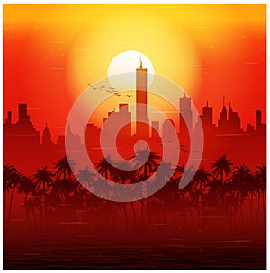 City and palm trees at sunset retro poster