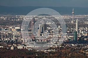 City panorama, aerial photograph. Frankfurt am Main, Germany