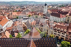 City panorama from the Lutheran Cathedral of Saint Mary in Sibiu, Transylvania, Romania