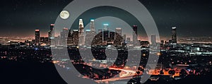 city panorama at night,Los Angeles ,starry sky and moon banner .skyline view from plane banner