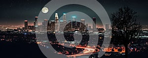 city panorama at night,Los Angeles ,starry sky and moon banner .skyline view from plane banner