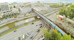 City panorama with overground subway train. View