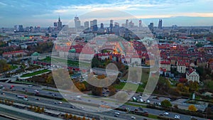 City panorama, Warsaw skyline, Warsaw skyscrapers, City of Warsaw skyline at sunset in Poland, Warsaw Panorama Timelapse