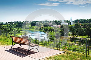 City park with benches on the embankment. Europe, Russia, Rzhev