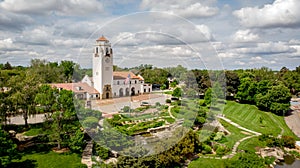 City park in Boise Idaho with a popular train depot with clock t