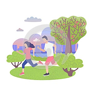 City park character sportive couple man and woman jogging and running isolated on white flat vector illustration.