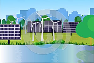 City park clean energy wind turbines solar energy panels river green lawn trees on city buildings template background