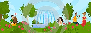 City park with fontain and people walking in summer vector illustration. Couples spend time outdoor in nature, trees