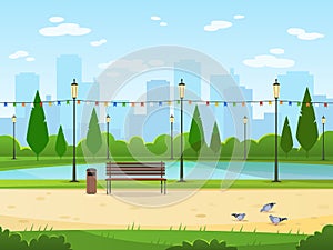 City park. Garden public nature park urban relax landscapes leisure outdoor green wood cityscape cartoon illustration