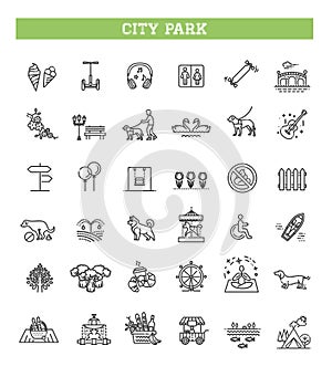 City park icons set. The open plot of land for recreation