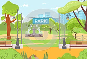 City park illustration with fountain, trees, benches, footpath, and lamp posts. Urban landscape with public garden