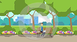 City park man holding laptop sitting wooden bench green lawn flowers trees cityscape template background horizontal flat