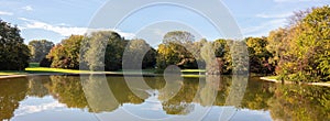 City park in Munich, Germany. Grass field, trees and reflections in a pond