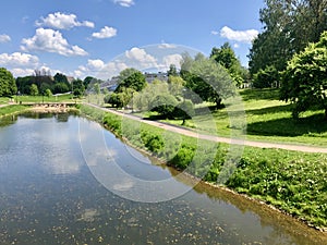 City park by the pond in Russia