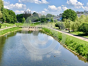 City park by the pond in Russia