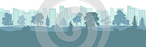 City park silhouette with beautiful trees on background of skyscrapers and tall buildings. Vector illustration