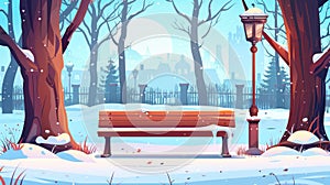 A city park with snow covered trees, benches, and lanterns in winter. Modern parallax background with empty public