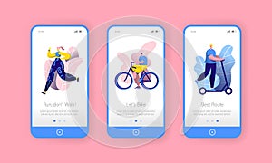 City Park Sport Lifestyle Mobile App Onboard Screen Set. Man Ride Bicycle, Woman Run. Outdoor Fitness People Character