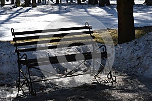 In the city park in spring. A beautiful bench in the shade of a park alley in spring against the backdrop of melting snow