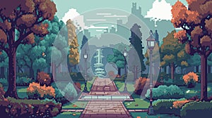 City park with trees and streetlights. Vector illustration in cartoon style pixelart
