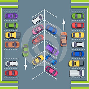 City parking top view. Park spaces for cars, car parking zone vector illustration