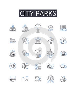City parks line icons collection. Urban gardens, Metropolitan squares, Suburban trails, Country meadows, Coastal cliffs