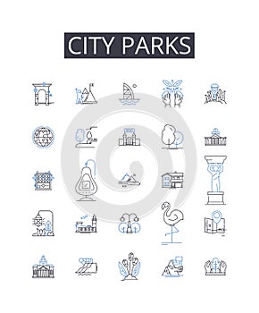 City parks line icons collection. Urban gardens, Metropolitan squares, Suburban trails, Country meadows, Coastal cliffs