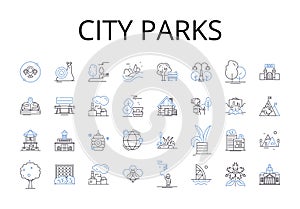 City parks line icons collection. Urban gardens, Metropolitan squares, Suburban trails, Country meadows, Coastal cliffs