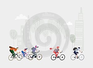 City people riding bikes. Eco environmental illustration, healthy life style, modern life, commute to work. Collection of illustra