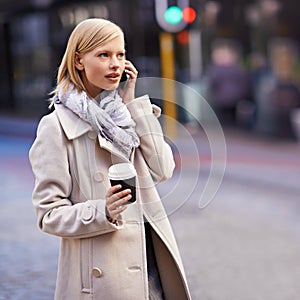 City, phone call and business woman with coffee for travel, morning commute and journey. Connection, communication and