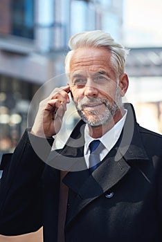 City, phone call and mature businessman or lawyer outside law firm, successful discussion on legal advice. Ceo, boss or