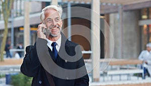 City, phone call and smile, mature man or lawyer outside law firm, successful discussion on legal advice. Ceo, boss or