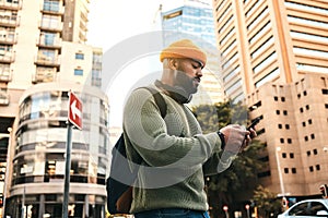 City, phone and man typing, walking and check email, mobile communication or app notification on morning journey