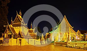 City Pillar Viharn and Phra Viharn Luang in evening lights, Wat Chedi Luang, Chiang Mai, Thailand