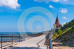 City Pionersky, Kaliningrad region. A boardwalk along the beach along the Baltic Sea in sunny summer day