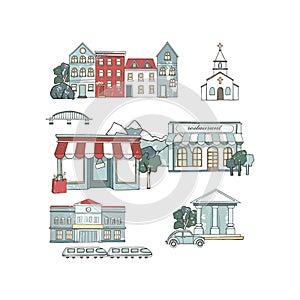 City places set with buildings in flat design. Cafe restaurant, music theater, house, Cathedral, barn, museum, mill, station,