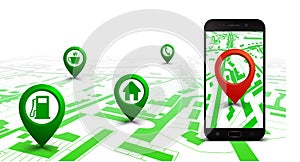 City plan with GPS navigation, city map route navigation smartphone, phone point marker, itinerary destination city map