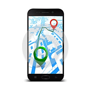 City plan with GPS navigation, city map route navigation smartphone, phone point marker, itinerary destination city map