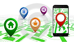 City plan with GPS navigation, city map route navigation smartphone, phone point marker, itinerary destination city map photo