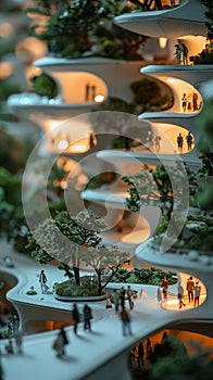 City planners around a model of a futuristic urbarea designed to achieve global carbon neutrality, integrating green technologies